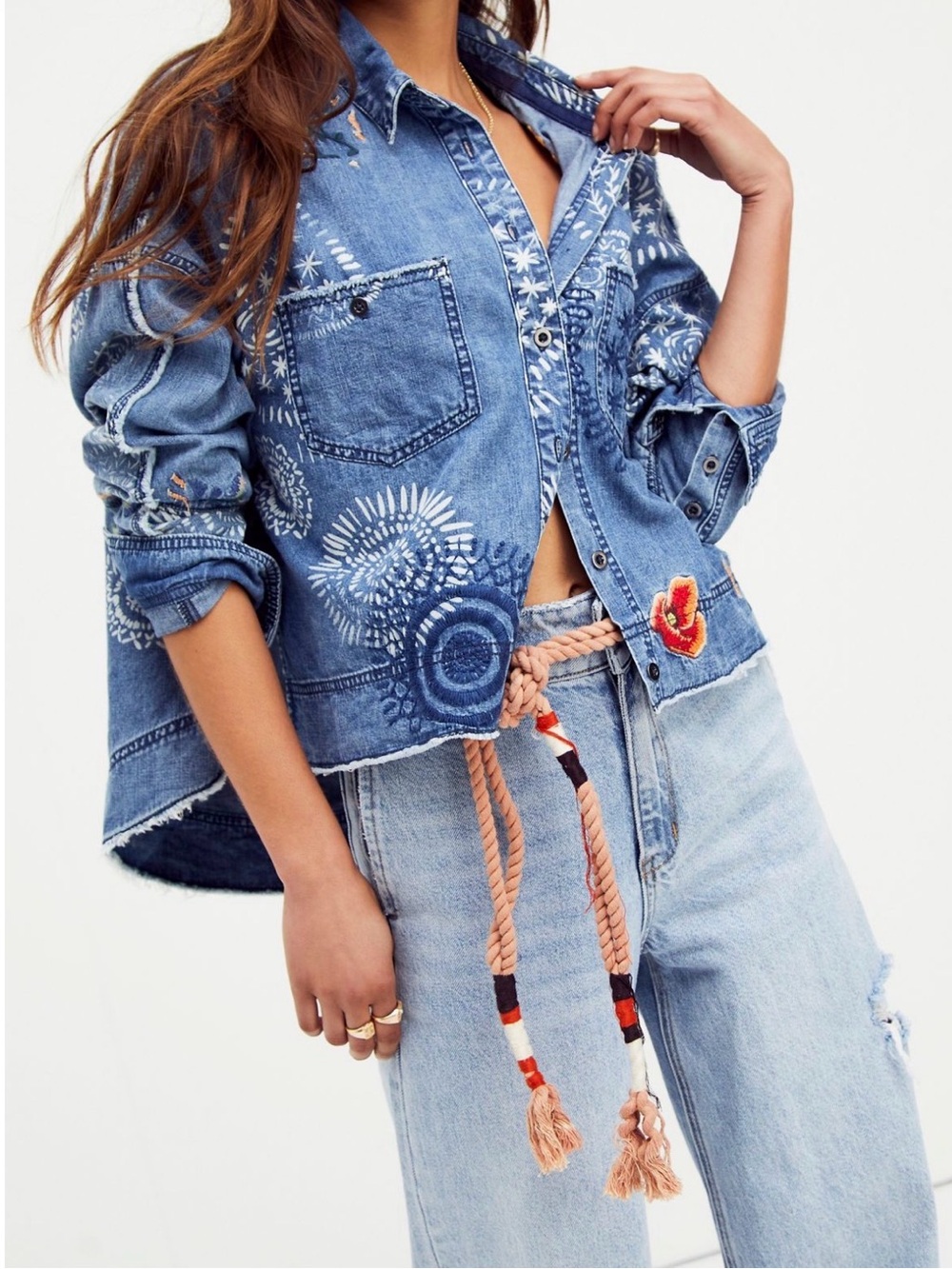 We the free people Marrakesh Embroidered Denim Top small boho jean - Picture 2 of 8